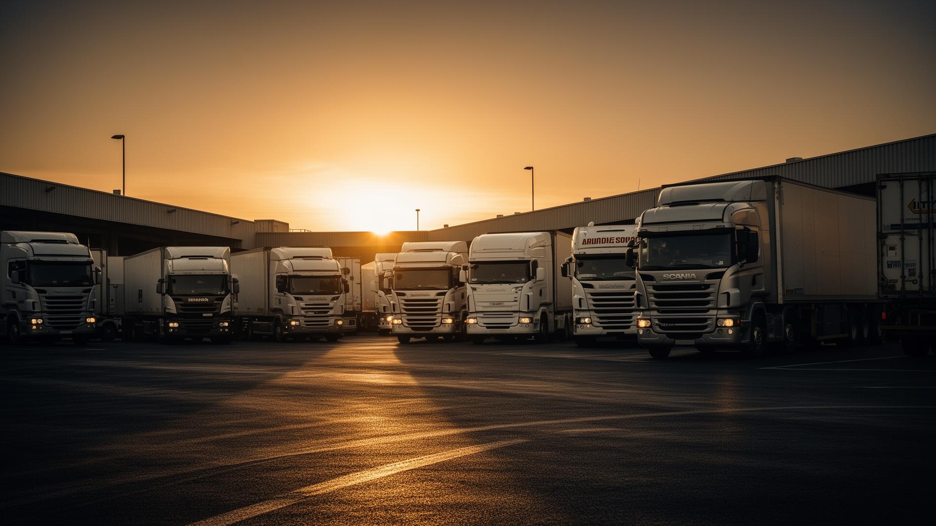 Fleet of semi-trucks at a busy distribution dock at sunset